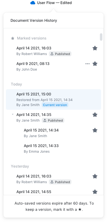 The version history modal for an Overflow document.