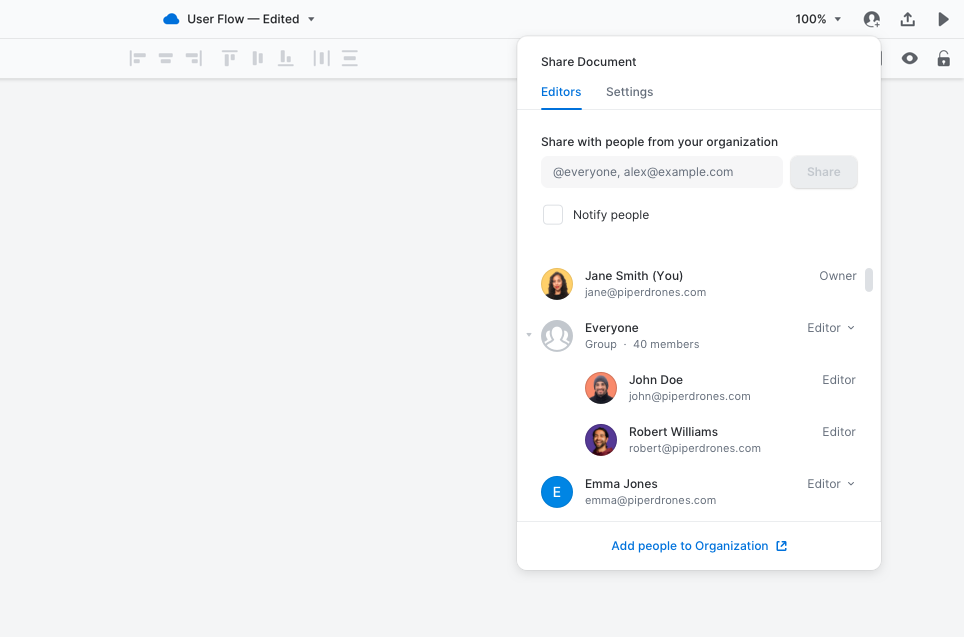 A close-up view of the adding editors functionality in Overflow.