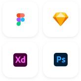 The logos of Figma, Sketch, Adobe XD, and Adobe Photoshop