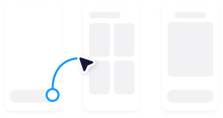 Three skeleton mobile app screens getting linked with blue connectors