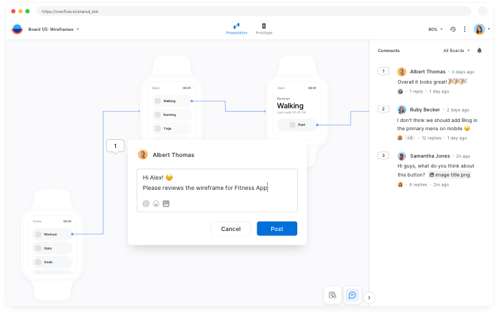 Two users exchanging feedback using Overflow’s built-in commenting functionality.