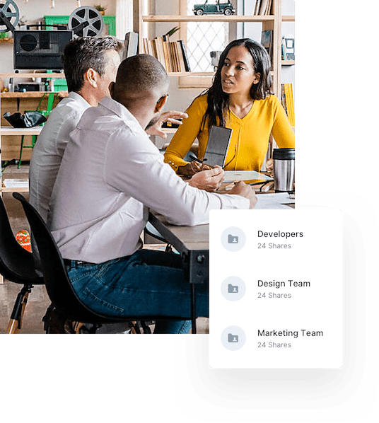 Two men and one woman discussing a project around a meeting table. The list view of an organization’s folder structure.