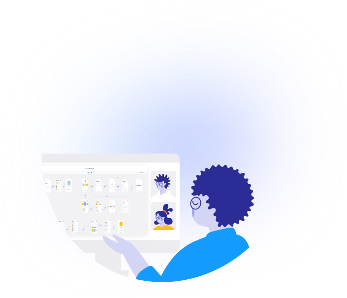 Illustration of a character presenting inside Overflow via conference call.