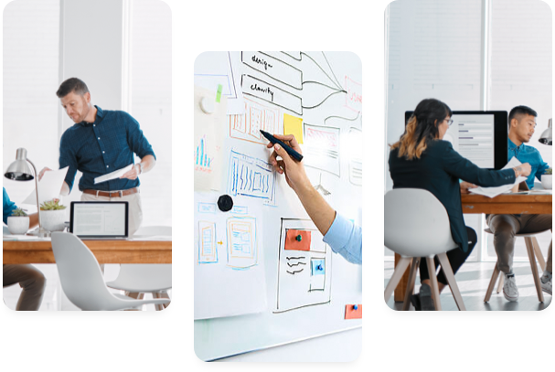 Two men and one woman in a corporate environment exchanging documents over their desk.