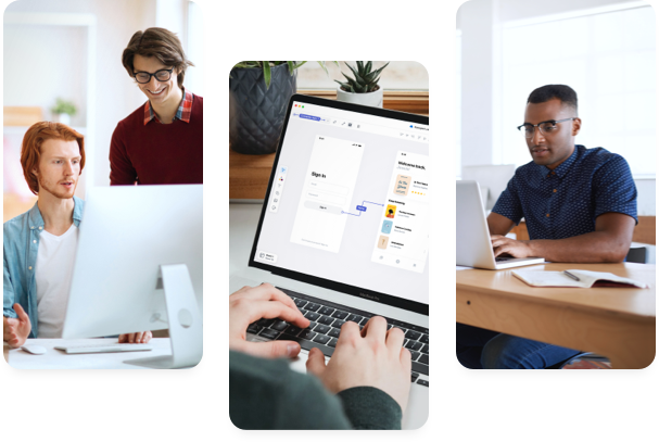 Four cheerful young colleagues discussing and taking notes on a project on the computer screen.