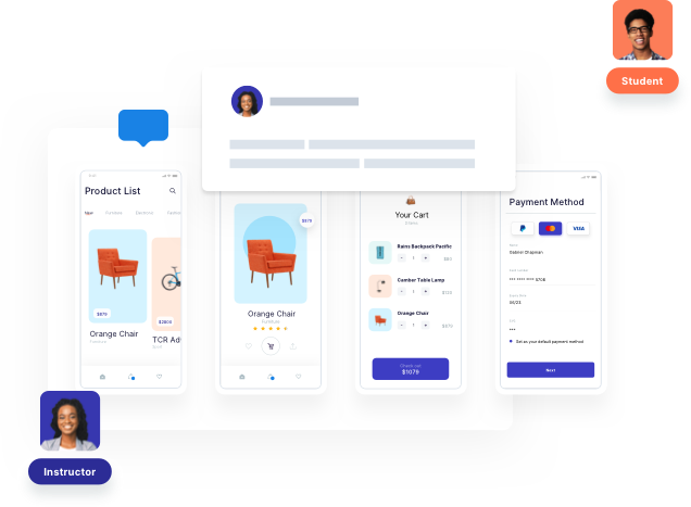 User avatars of a student and an instructor exchanging comments on an Overflow diagram.