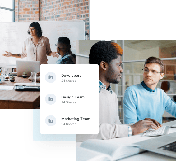 A woman opening a presentation to her teammates. The list view of an organization’s folder structure.