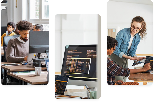 A team of young professionals in their working stations in an open space office environment.