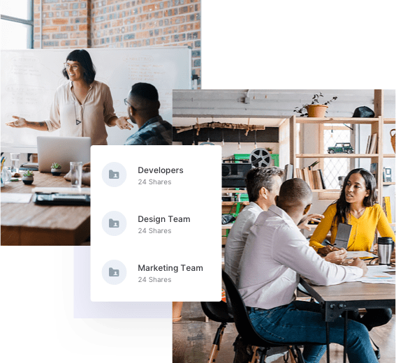 Two men and one woman discussing a project around a meeting table. The list view of an organization’s folder structure.