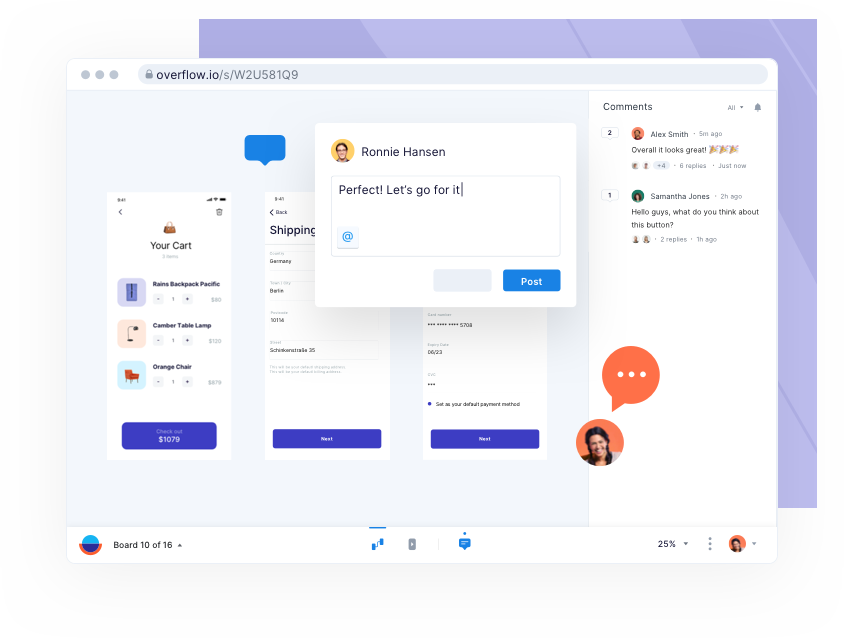 An Overflow presentation with the comment list open on the side and a user’s comment popping up on top.