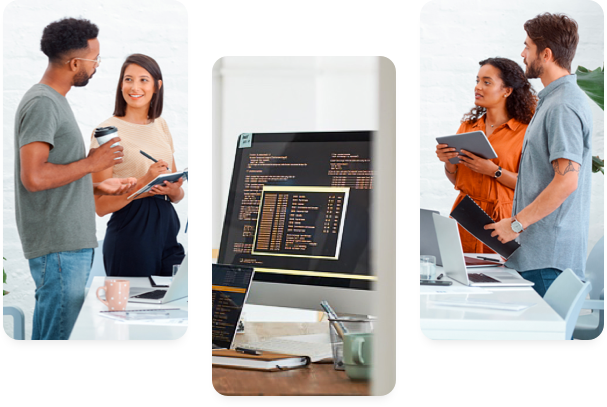 Four colleagues discussing and taking notes casually over a meeting table.