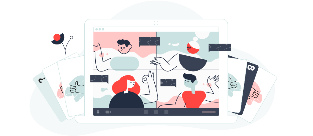 A header illustration image, showing people chatting through conference call on a laptop screen.