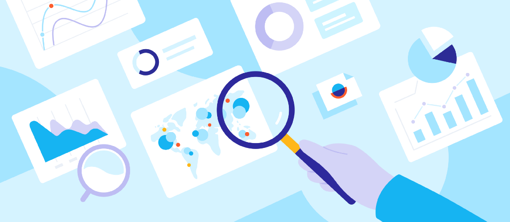 An illustration of a human hand holding a magnifying glass over a series of data sheets.