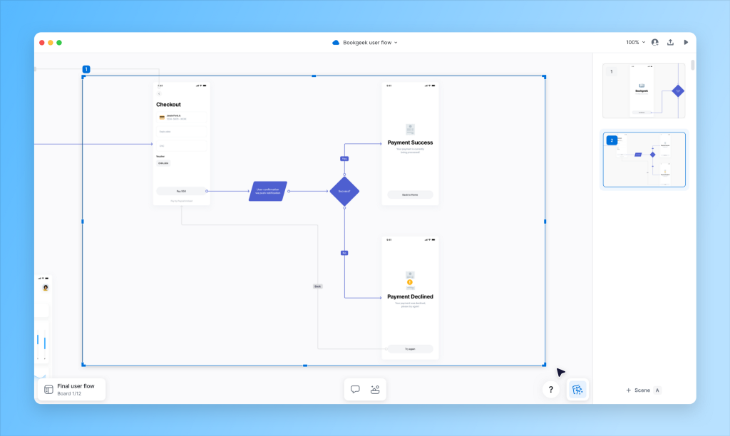 View of the Overflow Stories Editor, where a user is selecting a scene on their user flow diagram.