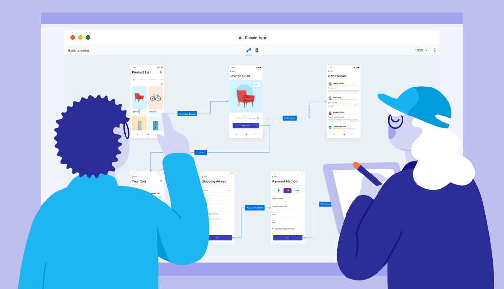 Two teammates examining a user flow diagram up close.