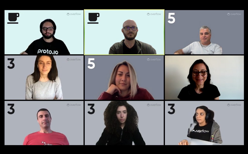 An image showing members of the Overflow team trying the Planning Poker virtual backgrounds while on a Zoom call.