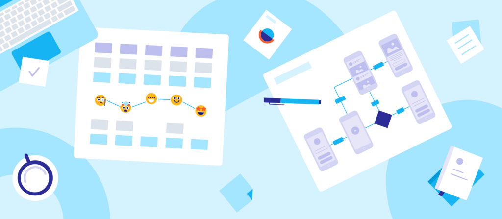 Illustration of a desk with cluttered things, among which a user flow diagram for a mobile application and a user story map on separate sheets of paper.